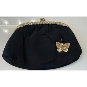 Black Formal Evening Hand Bag With Clasp Closure And Gold Butterfly Accent